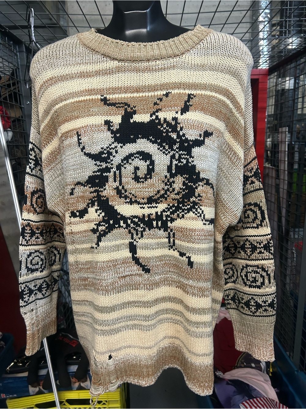 NEW BDG Urban outfitters Oversized Beige & Black Stripe Knit Sweater Sun Motif M